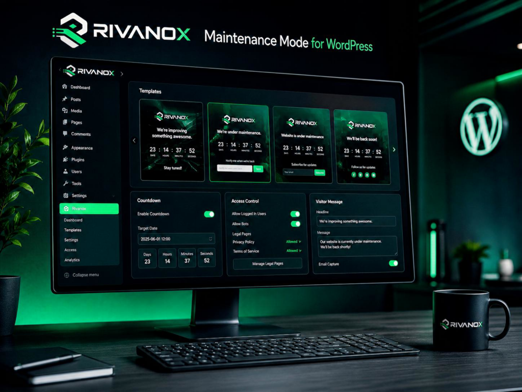RIVANOX Maintenance Mode for WordPress plugin with professional maintenance page templates