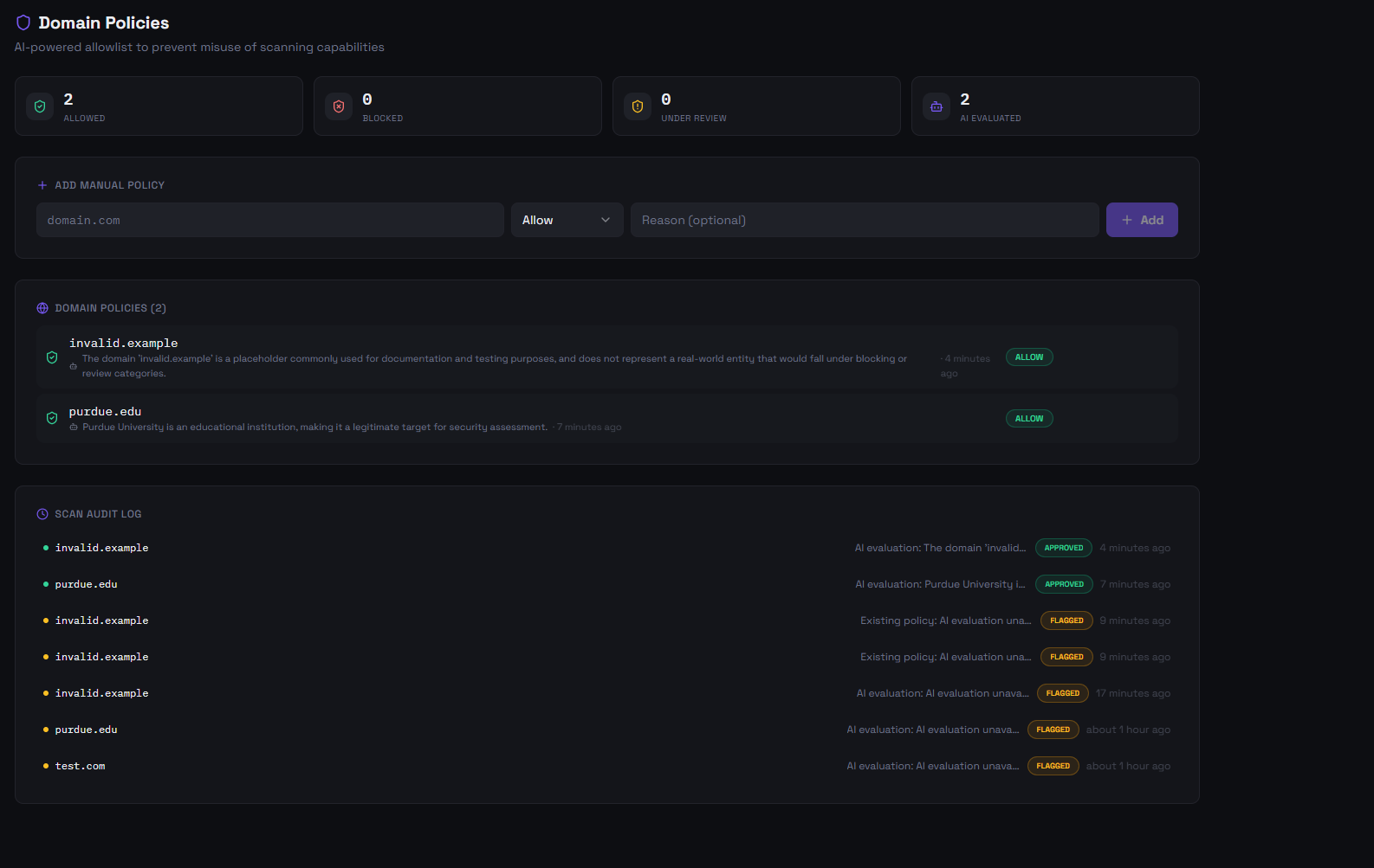 Domain Policies Page