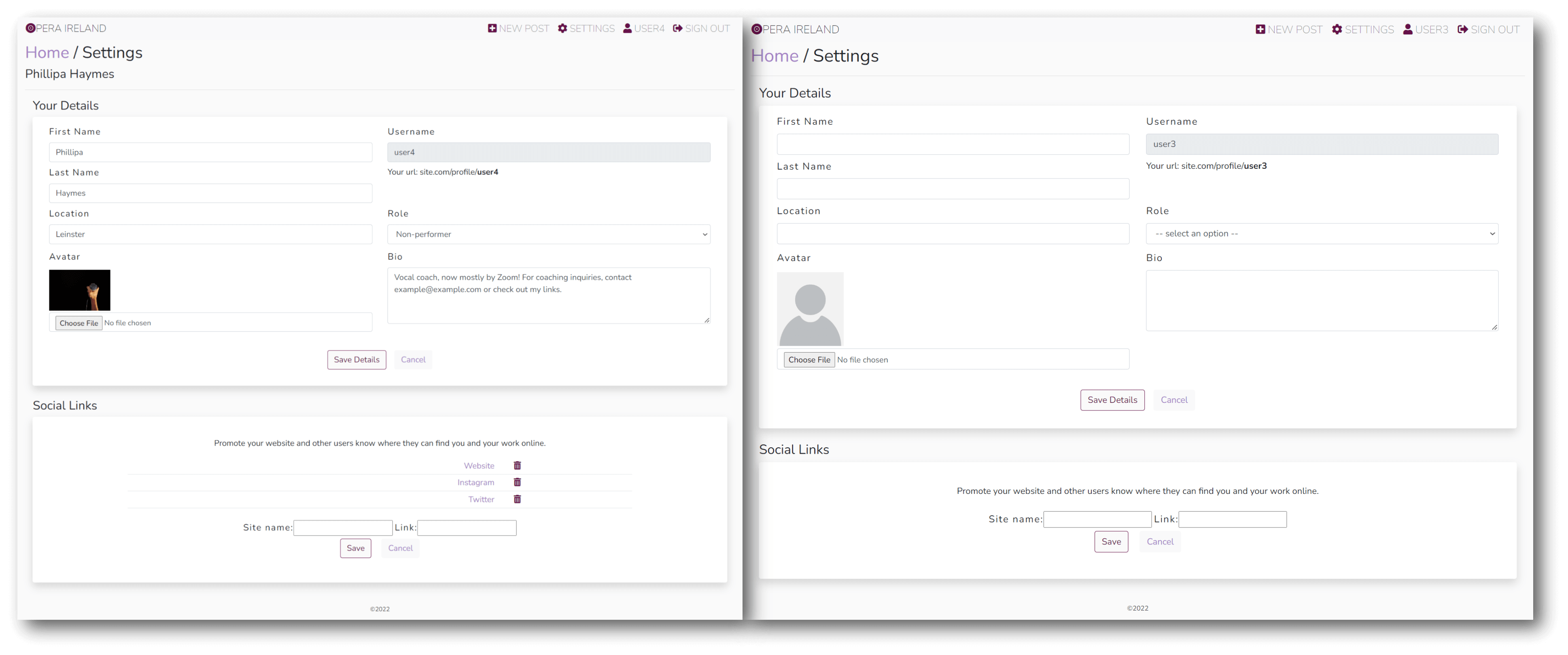 Profile settings page completed and incomplete.