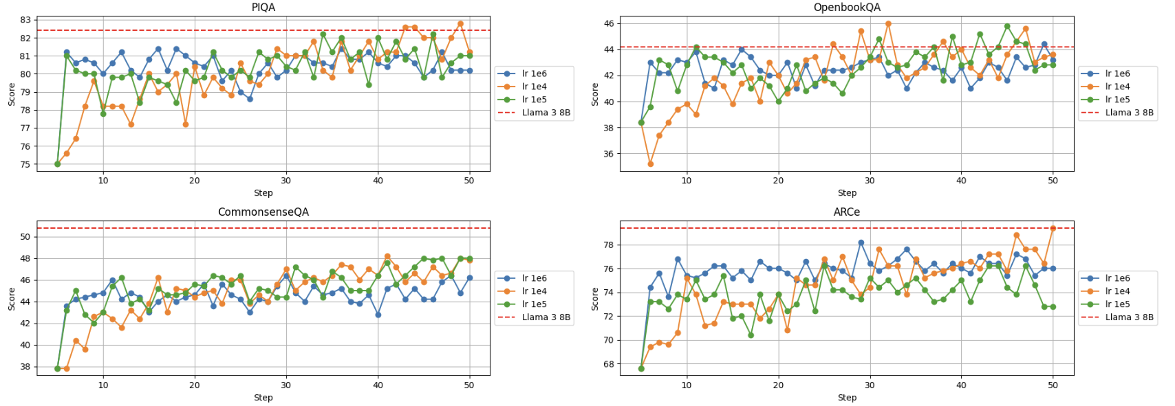 Metrics evaluations during the training for different lrs