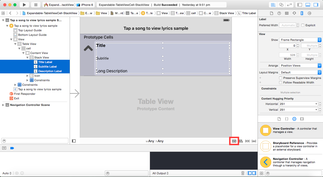 add a UITableView, a prototype cell, add labels, imageviews etc. inside the cell and add them to a vertical stack via the stack button at the bottom right 