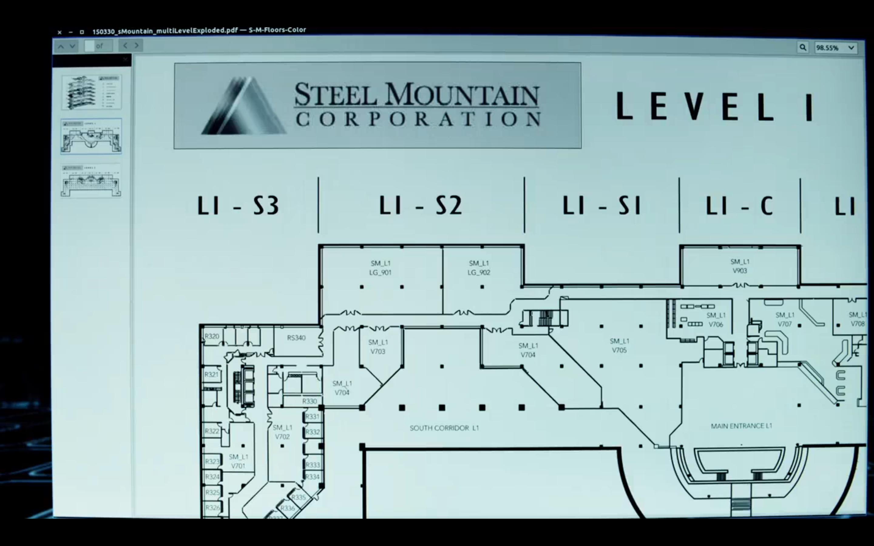 Romero has downloaded a PDF file showing the Steel Mountain facility's floor plan, :robot: screenshot 📷