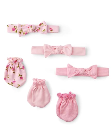 the-childrens-place-baby-girls-floral-headwrap-and-mittens-6-piece-set-size-0-6-m-pink-100-cotton-1