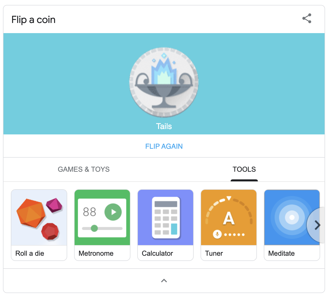 Flip a coin - with drop-down dialog box labeled "Tools" on the results page - Google Search