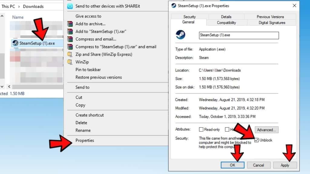 unblock a file from properties