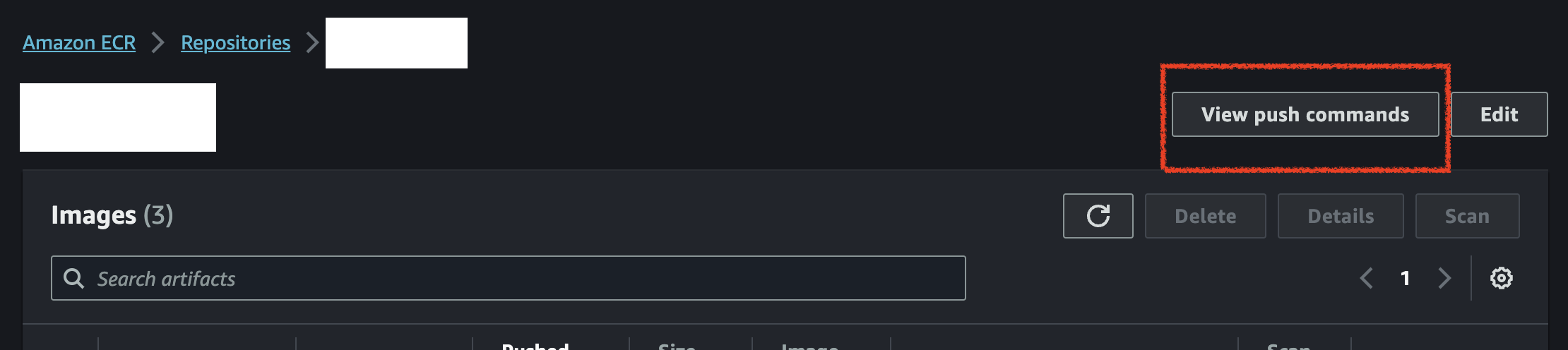 Screenshot of View push commands on AWS ECR repo page