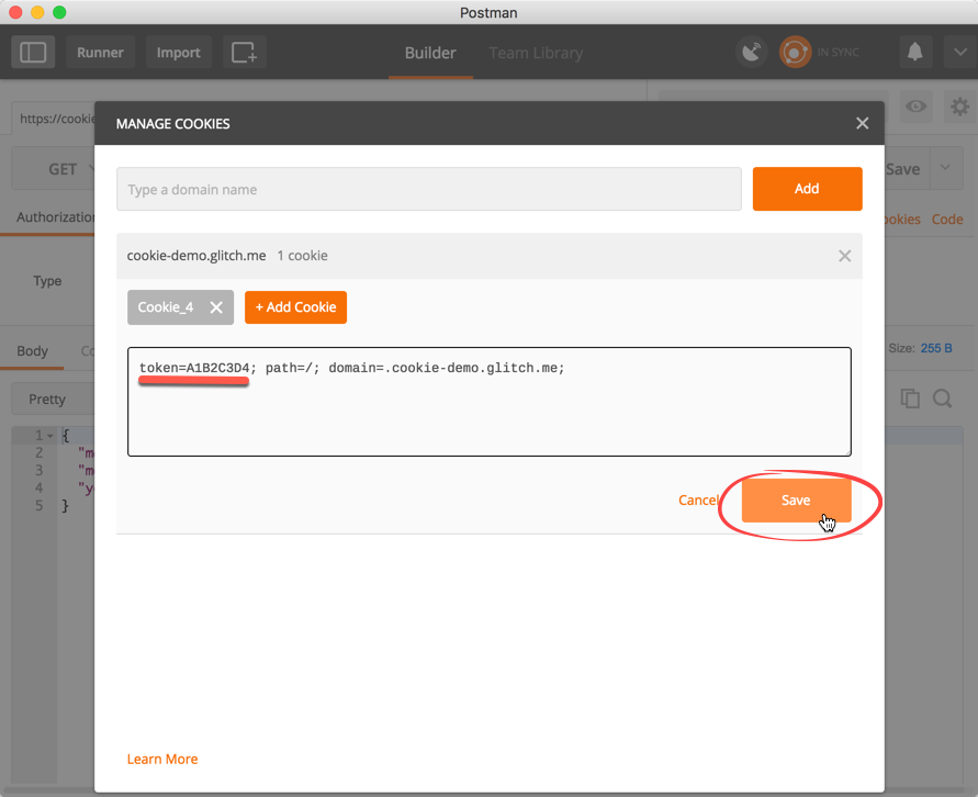 Postman: Enter cookie name/value pair