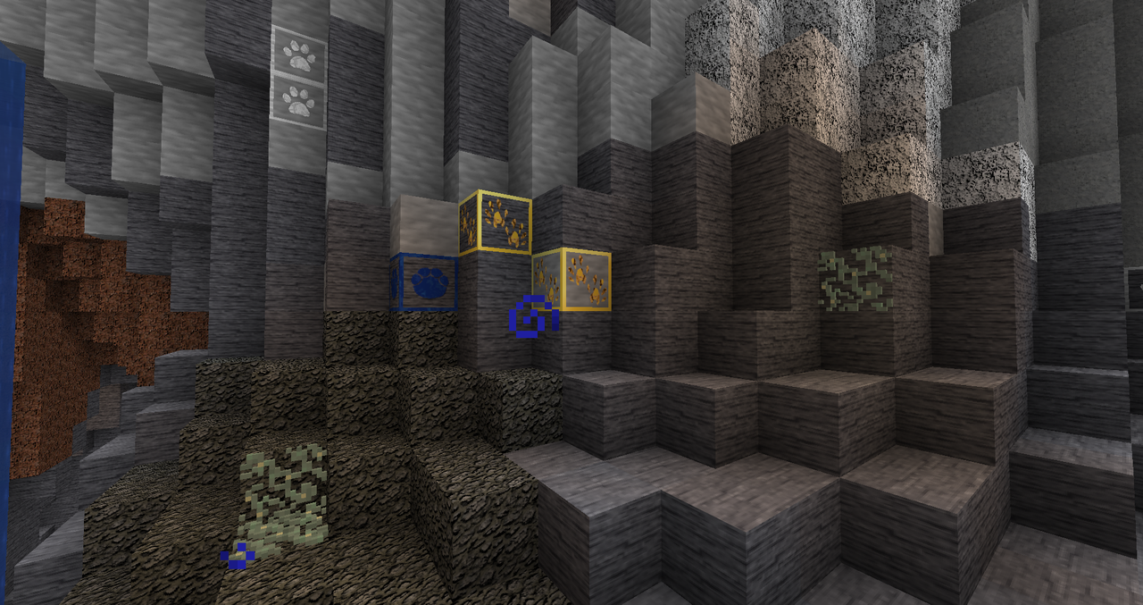 Cavern wall with Gold Ore blocks, Lapis Ore block, and the various rock textures