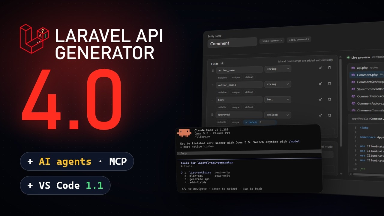 Laravel API Generator 4.0 in two minutes: the MCP server for AI agents, the generated code and the VS Code extension