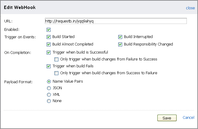 Configure the URL and the Build events that should trigger this webhook