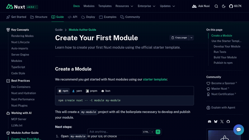The DeskCrew AI support widget opening on a Nuxt documentation site and answering a visitor question about server-side rendering
