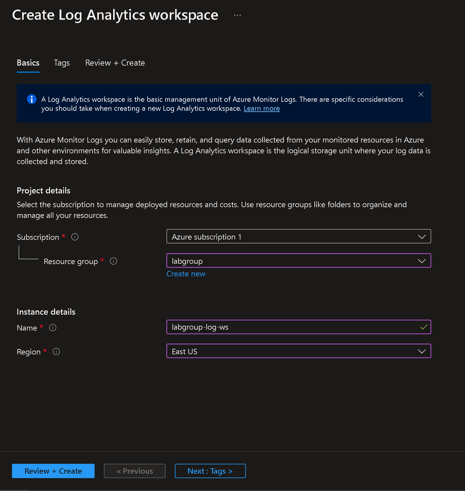 Create Log Analytics Workspace