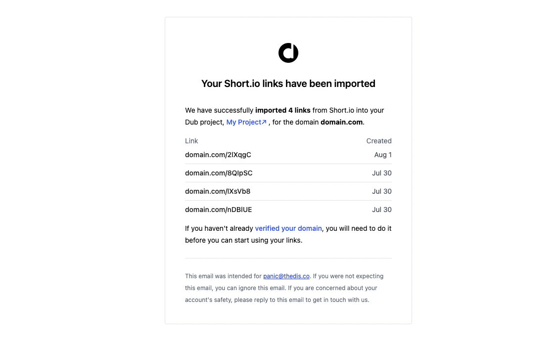 Email notification about completed Short.io migration