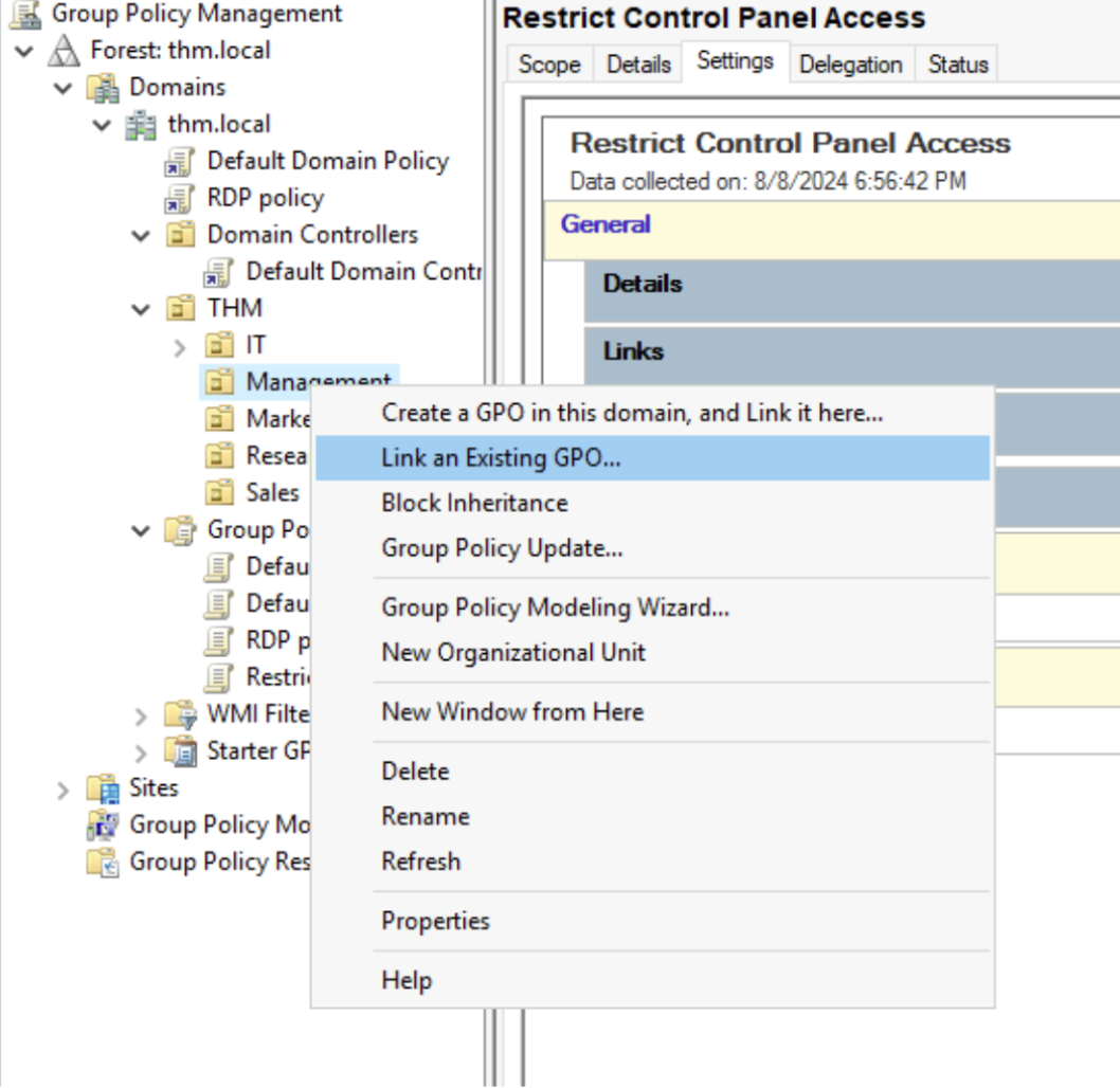 Right clicking the OU and linking the group policy to it.