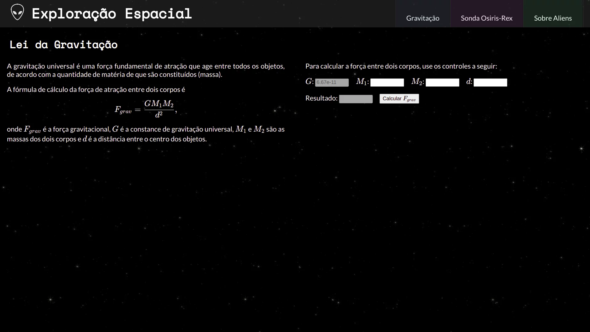 Página escura com fundo de estrelas mostrando o título de 'Exploração Espacial' e um texto com campos para preencher sobre a lei de gravitação universal