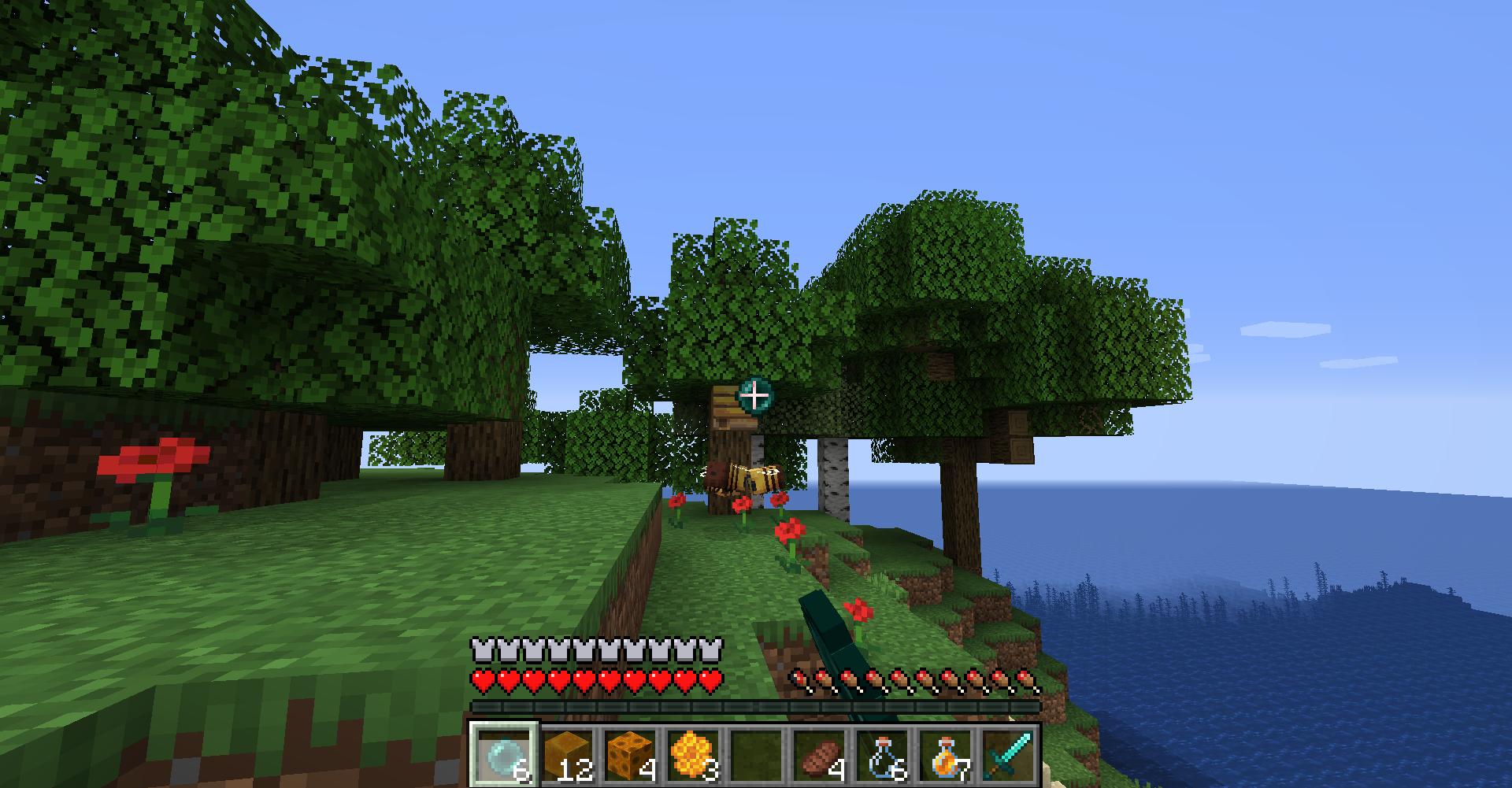 Picture showing how to enter The Bumblezone by a player throwing an Enderpearl at a Bee Nest