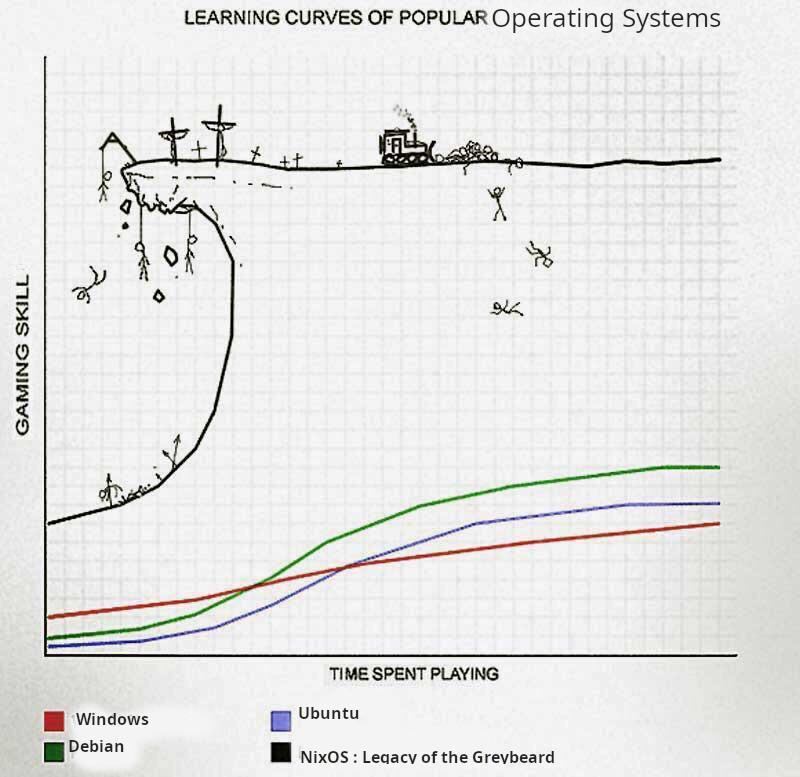 A picture showing the NixOS learning curve/cliff