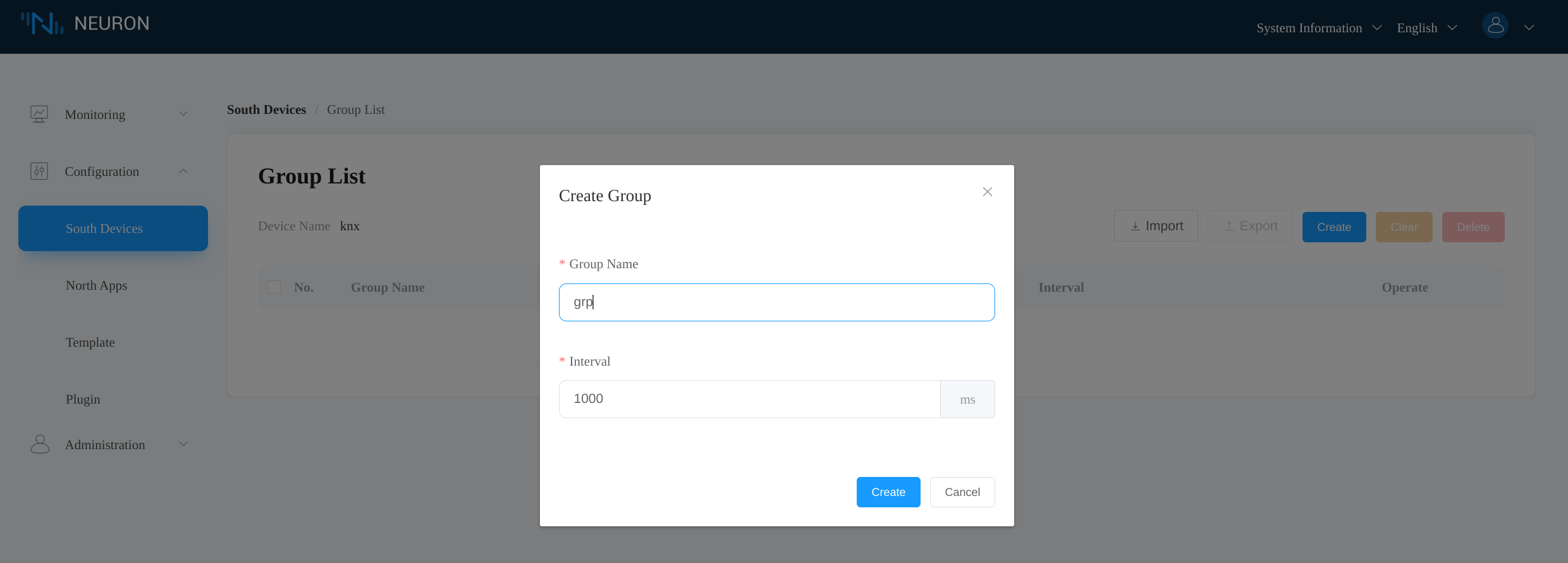 Create a group in the knx node