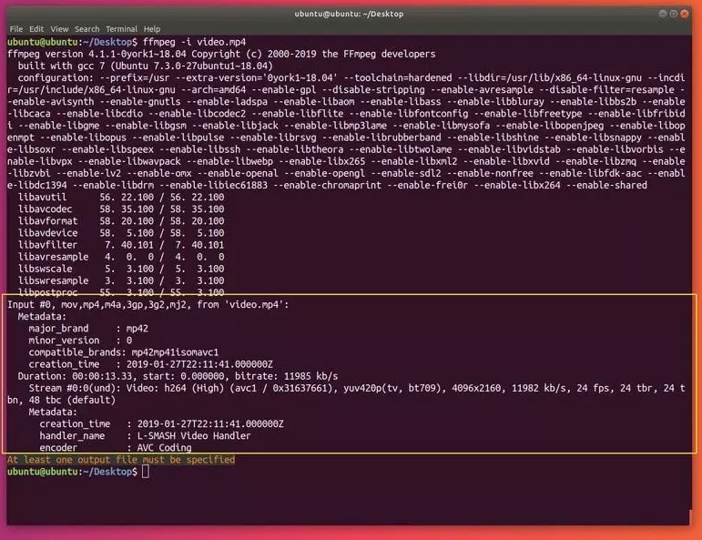 Display information about a media file with ffmpeg