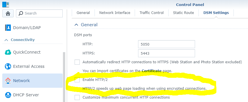 HTTP/2 options in DSM