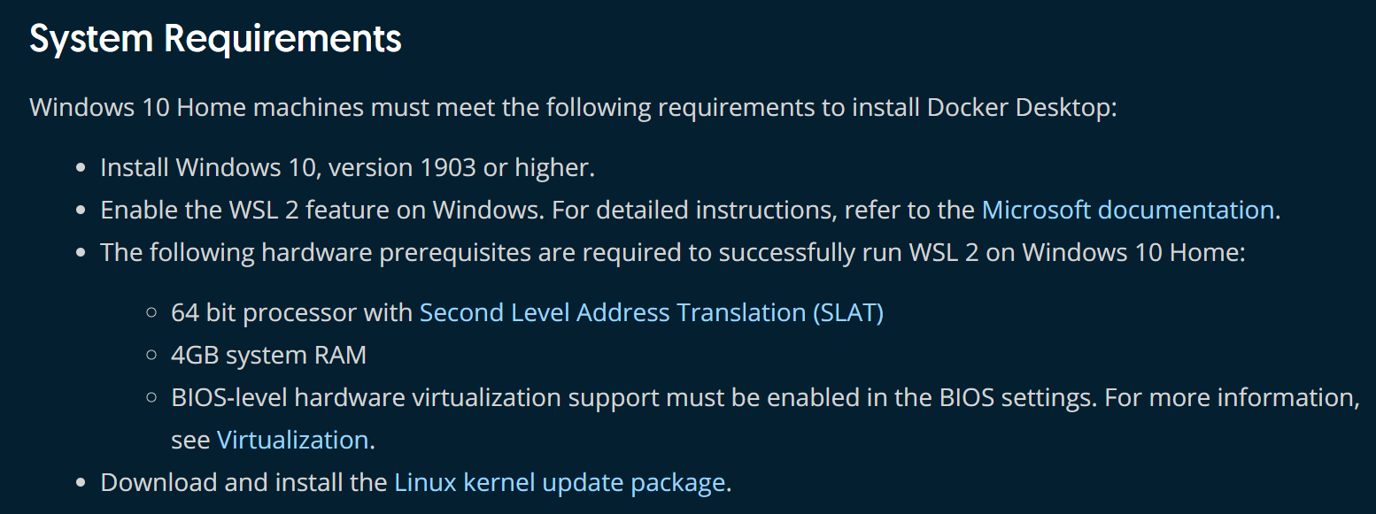 Is the requirement specifications for Docker Desktop on Windows 10 Home ...