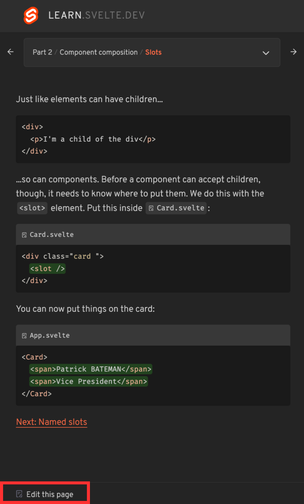 Learning Svelte interactive tutorial website, click the "Edit this Page" button at the bottom of the slots section page.