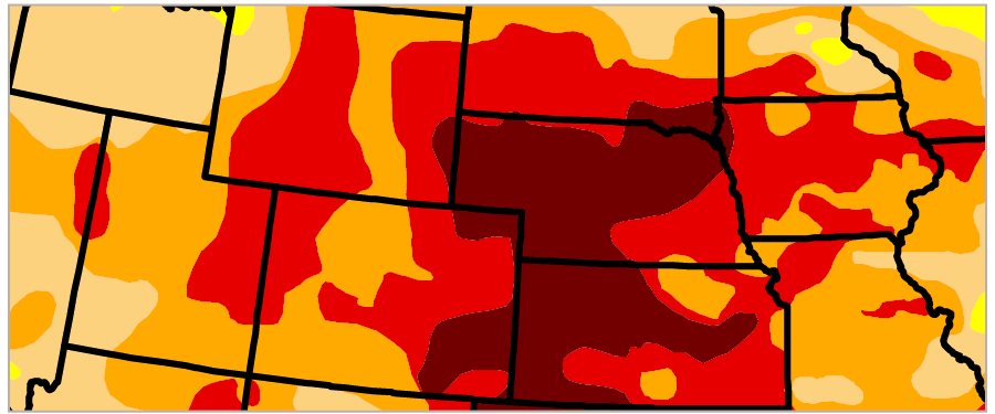 Artistic cutout of a drought map over the midwest US - a continuous color palette from light brown to dark red is overlaid a cutout of the state-level map of the US