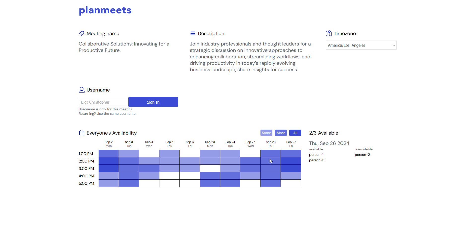 planmeets meeting page after sign-in