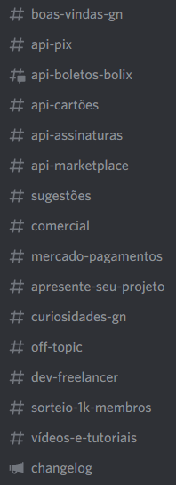 Canais da comunidade Gerencianet no Discord