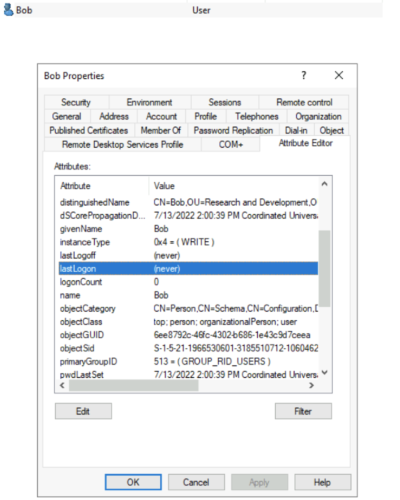 Showing the Last Logon of Bob for example.