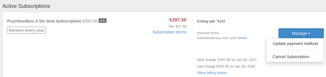 Image of FastSpring subscription management portal.