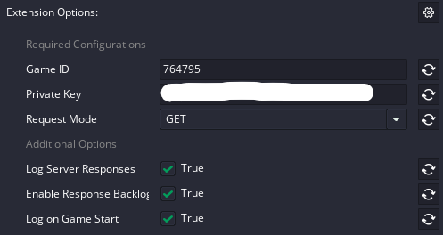 The same extension options as before, but the Game ID and Private Key have both been replaced. The Private Key is blurred for obvious reasons.