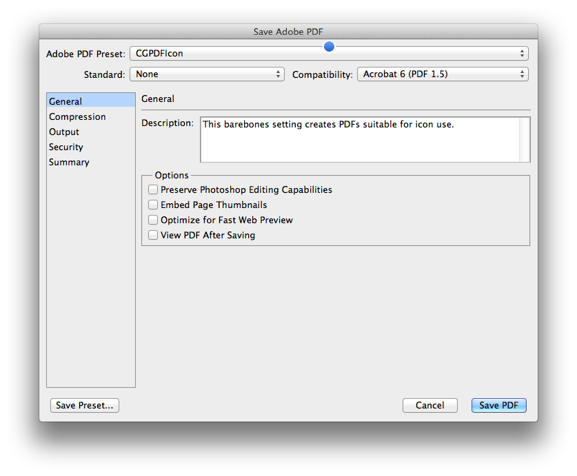 Save PDF dialog. Choose the CGPDFIcon preset