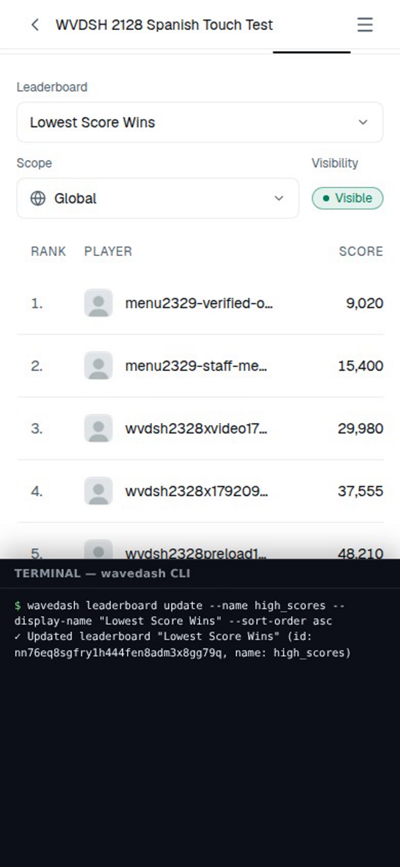 Mobile: CLI re-ranking the game page leaderboard — click to play