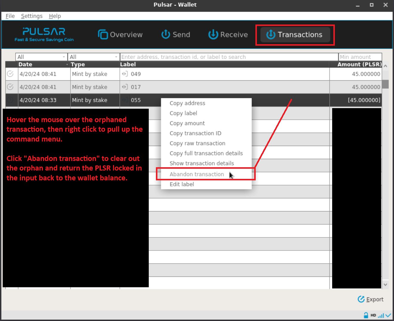 Manually abandon orphaned transactions in the Pulsar Coin wallet