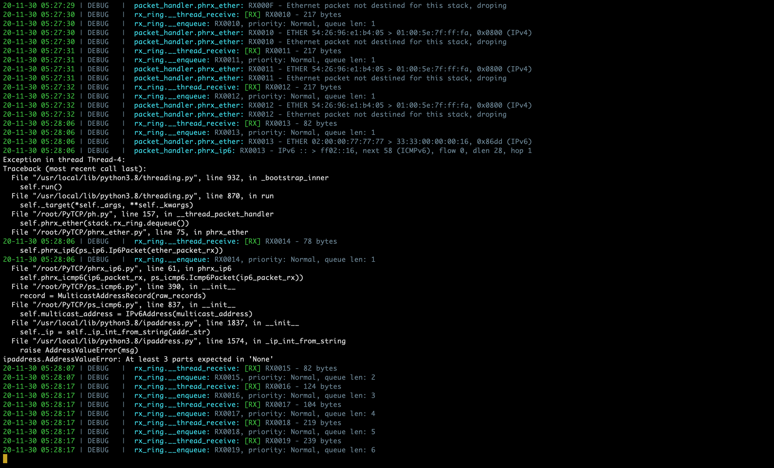 Sample PyTCP log output