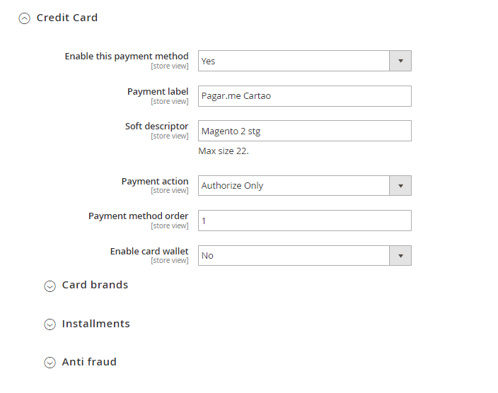 Credit Card Configuration Screen Gateway