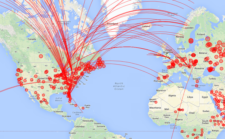 2D Google Maps screenshot covered in red geodesic lines indicating missile trajectories and red circles indicating explosion sites