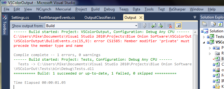 screen shot of VSColorOutput build output