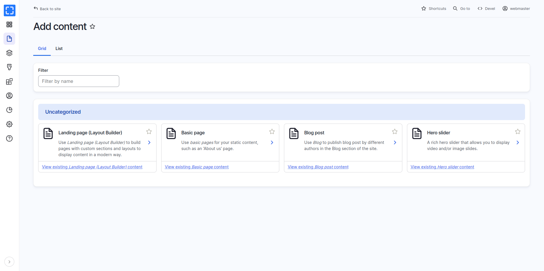 List of content types to add in Grid mode