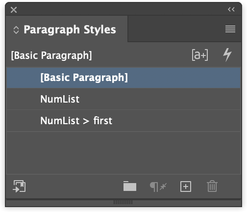 InDesign Paragraph Styles panel showing the "NumList" and "NumList > first" paragraph styles.