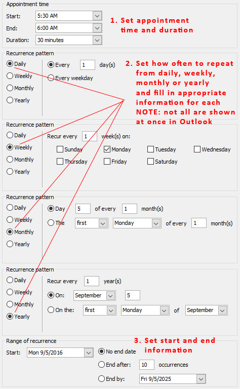 Outlook Recurrence Setup