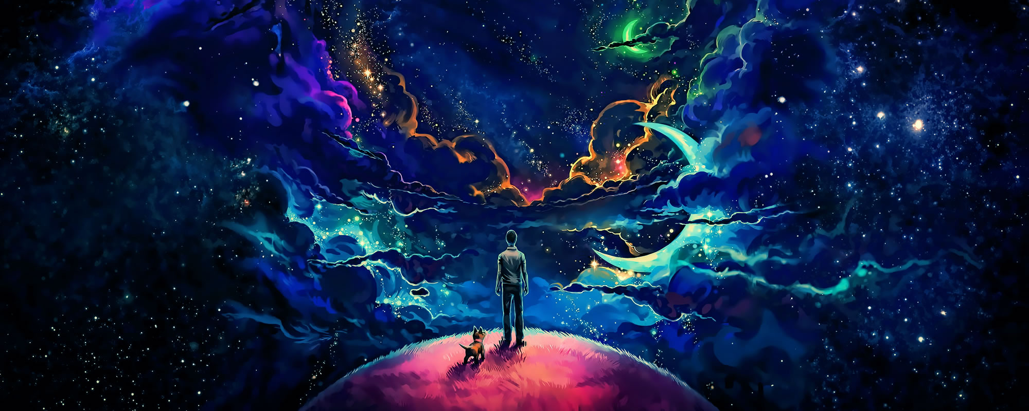 An illustration showing a man and his pet looking out at the vastness of the Universe. A variety of colors and stars in front of them illustrate our dream. Create multiple virtual universes where everyone can have unique experiences.