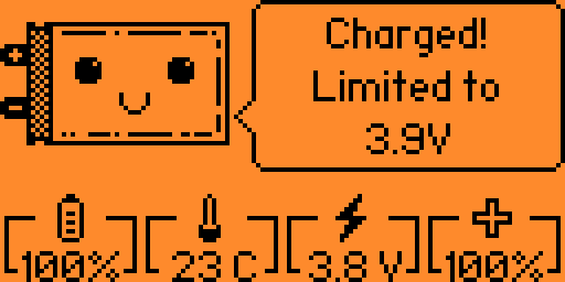 Screenshot of the "Battery Info" menu, showing a charged battery at 3.9v and the text "Charged!  Limited to 3.9v"