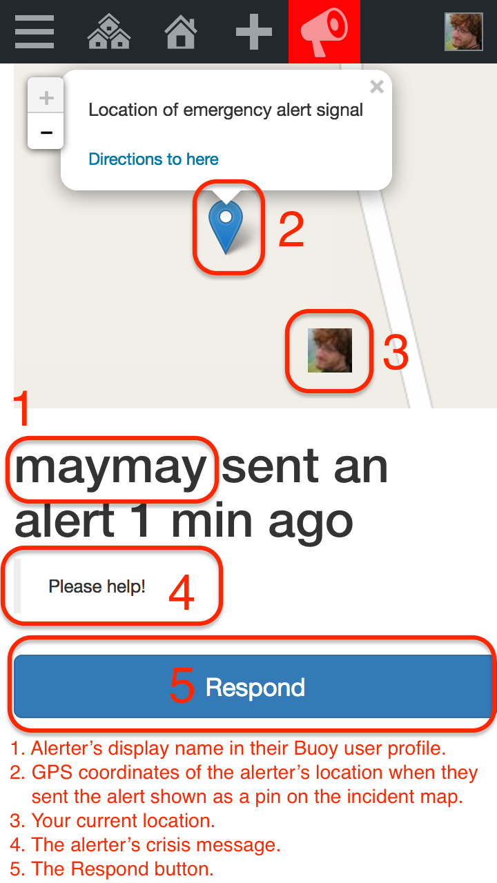 Annotated screenshot of the "Review Alert" screen showing a nearby alert signal.