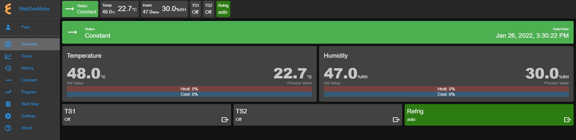 Overview page with chamber in Constant mode