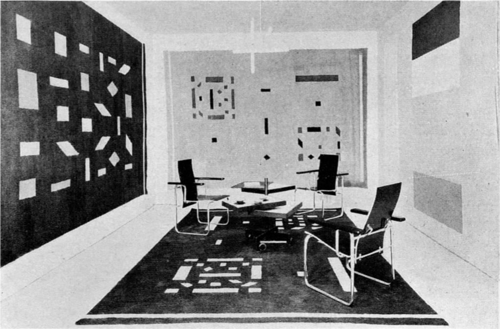 Metz & Co. showroom with wall hangings (left and rear walls) and carpet by Bart van der Leck, and furniture by Gerrit Rietveld