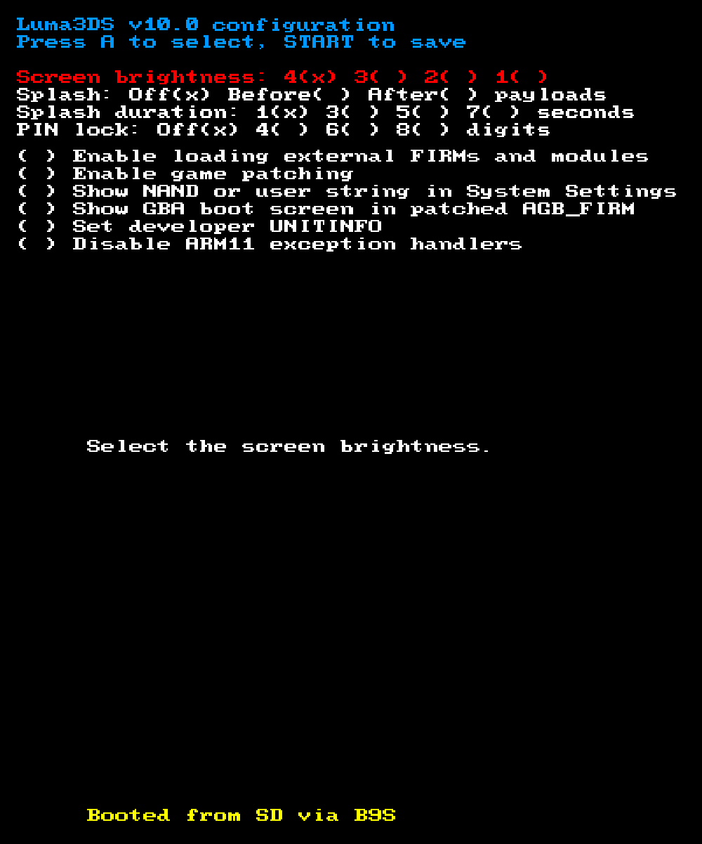 The Luma3DS v10.x configuration menu on Old 3DS/2DS