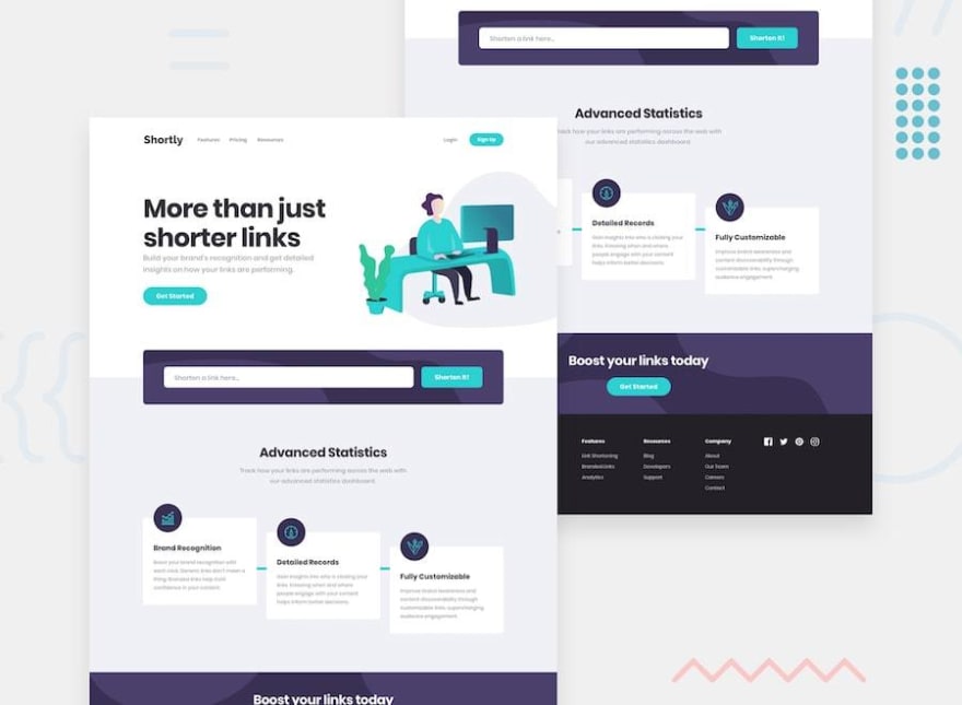 Design preview for the URL shortening API landing page challenge