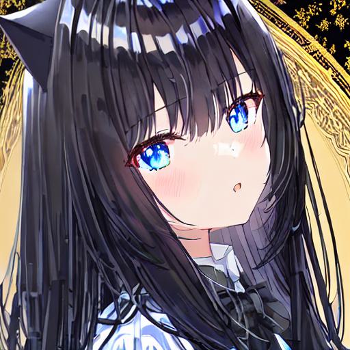 cat girl with dark shine blue eyes, long black hair, dark golden background